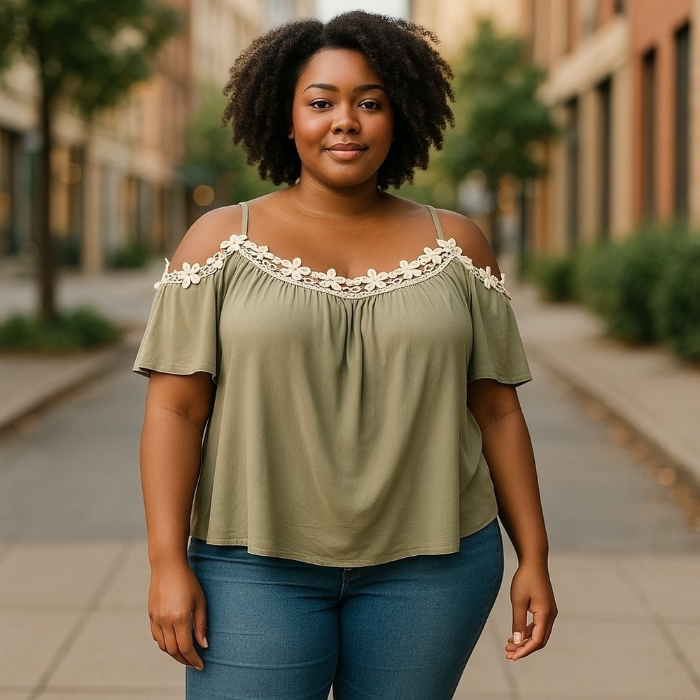 SHEIN CURVE+ Plus Size 4X Cold Shoulder white Lace accent trim sage green Blouse
